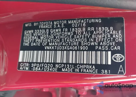 2016 Toyota Yaris L from USA, damaged, VIN VNKKTUD3XGA061900